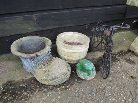 Concrete garden pots and frog etc