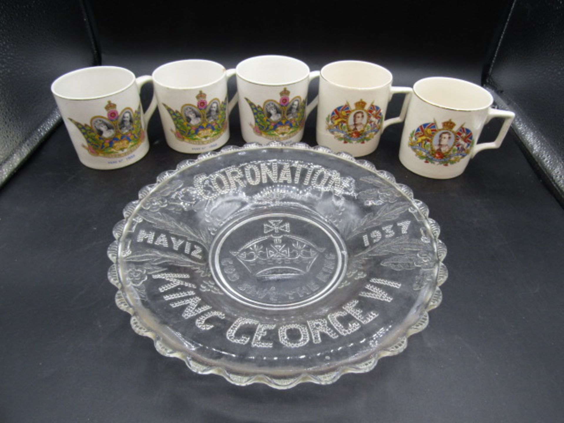Commemorative mugs and glass dish  one cup is cracked, one has large chip as pictured