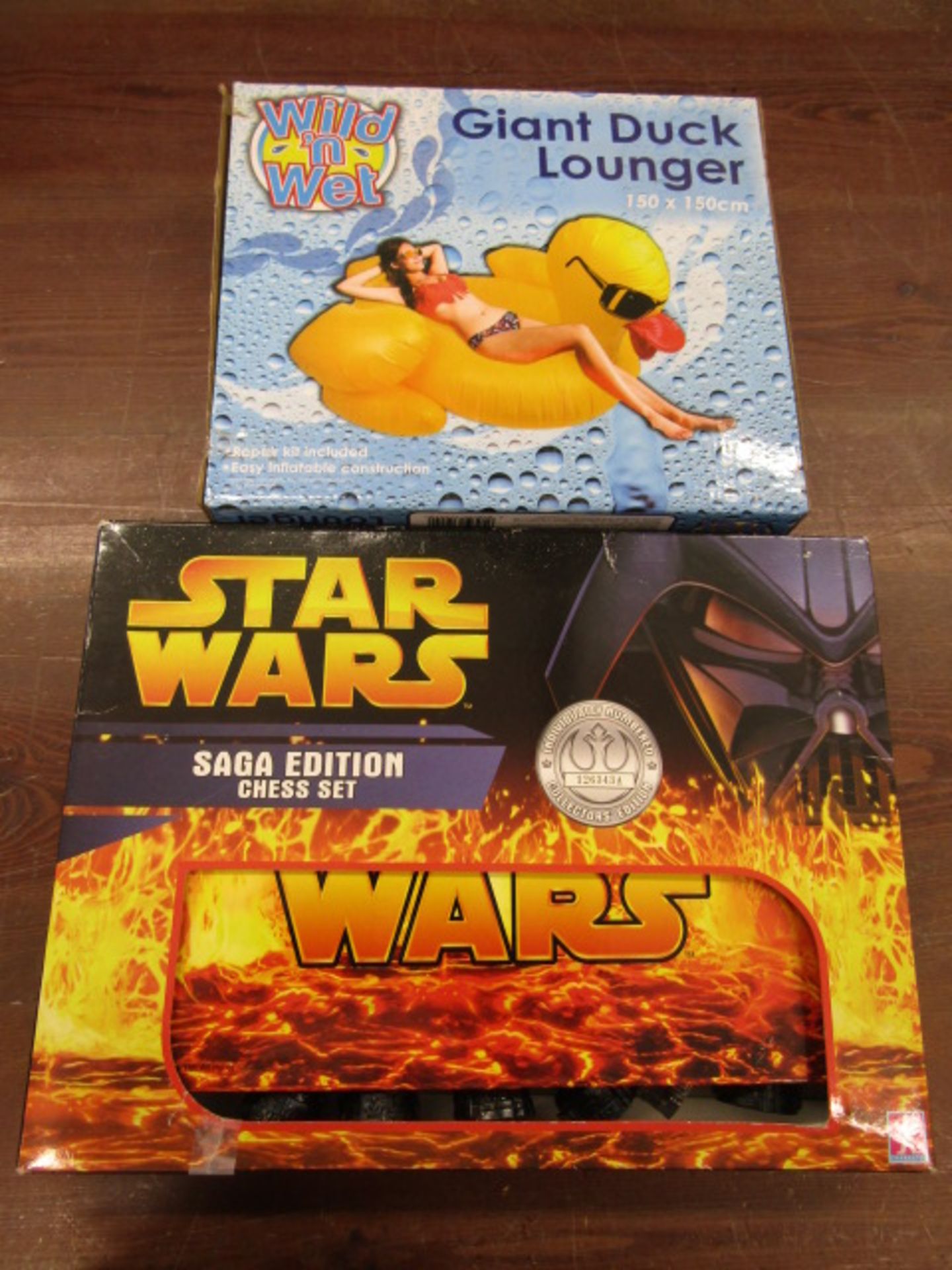 Star Wars chess set and a boxed duck lounger