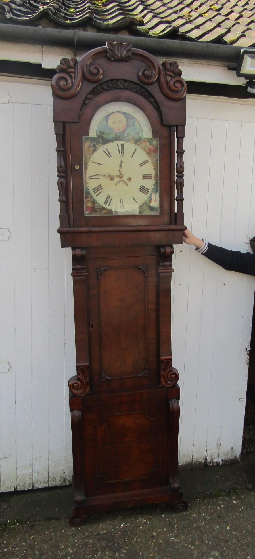 North country 19th century mahogany cased moon phase Grandfather clock with weights, pendulum and
