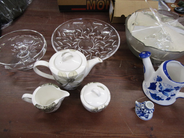 Dartington glass footed bowl, Royal Sanderson teapot, milk jug and sugar bowl, a ceramic watering