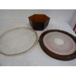 Kingfisher embossed glass bowl, lace doily tray and a glass dish with gilt rim