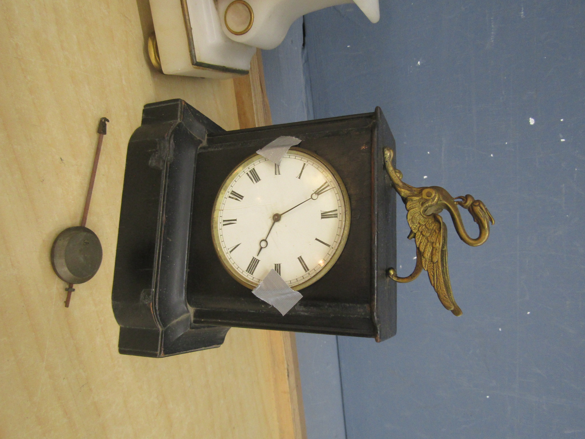 German movement striking mantel clock with ebonised case, French alabaster timepiece and another - Image 4 of 7