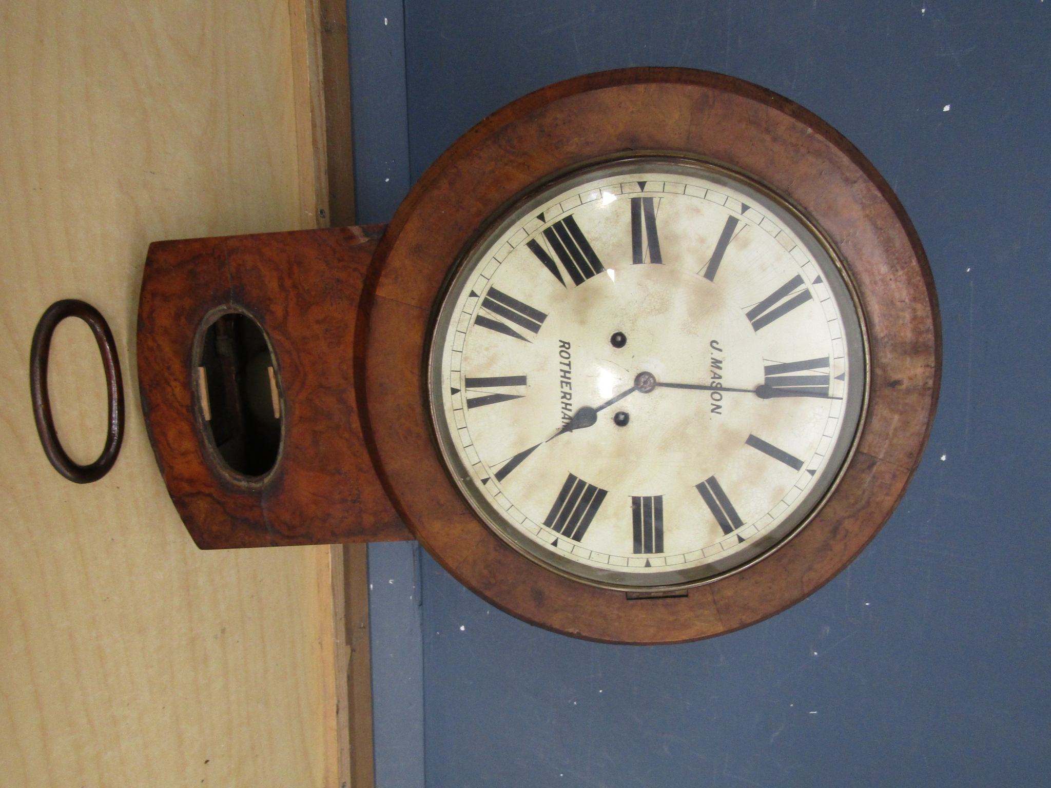 1860's J. Mason, Rotherham twin fusee drop dial striking wall clock in walnut case (needs some