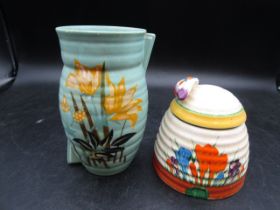 Clarice Cliff 'Crocus' honey pot and a Brentleigh Ware art deco vase
