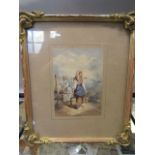 A watercolour of a water carrier, no signature 1810-1877 Norwich school artist? framing details on