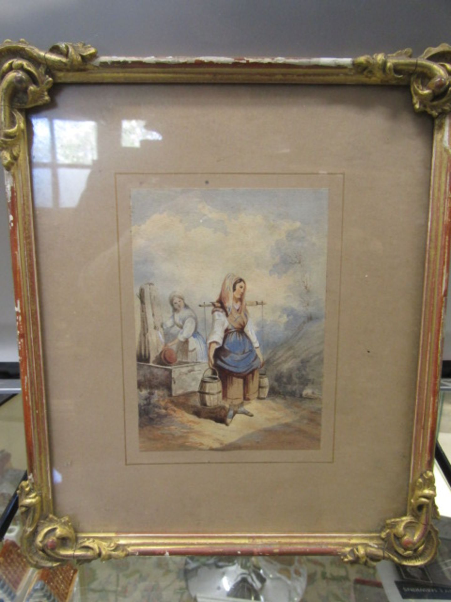 A watercolour of a water carrier, no signature 1810-1877 Norwich school artist? framing details on