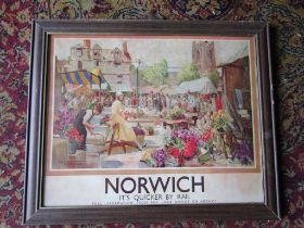 Norwich 'It's Quicker by Rail' print, framed and glazed 47cm x 57cm approx