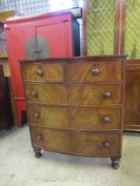 2 Short over 3 long mahogany veneered bow fronted cottage cut chest of drawers H114cm W100cm D53cm