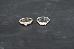 2 x 9ct gold and diamond rings, trilogy diamond ring size P, other size O. Total lot weight 5.64g