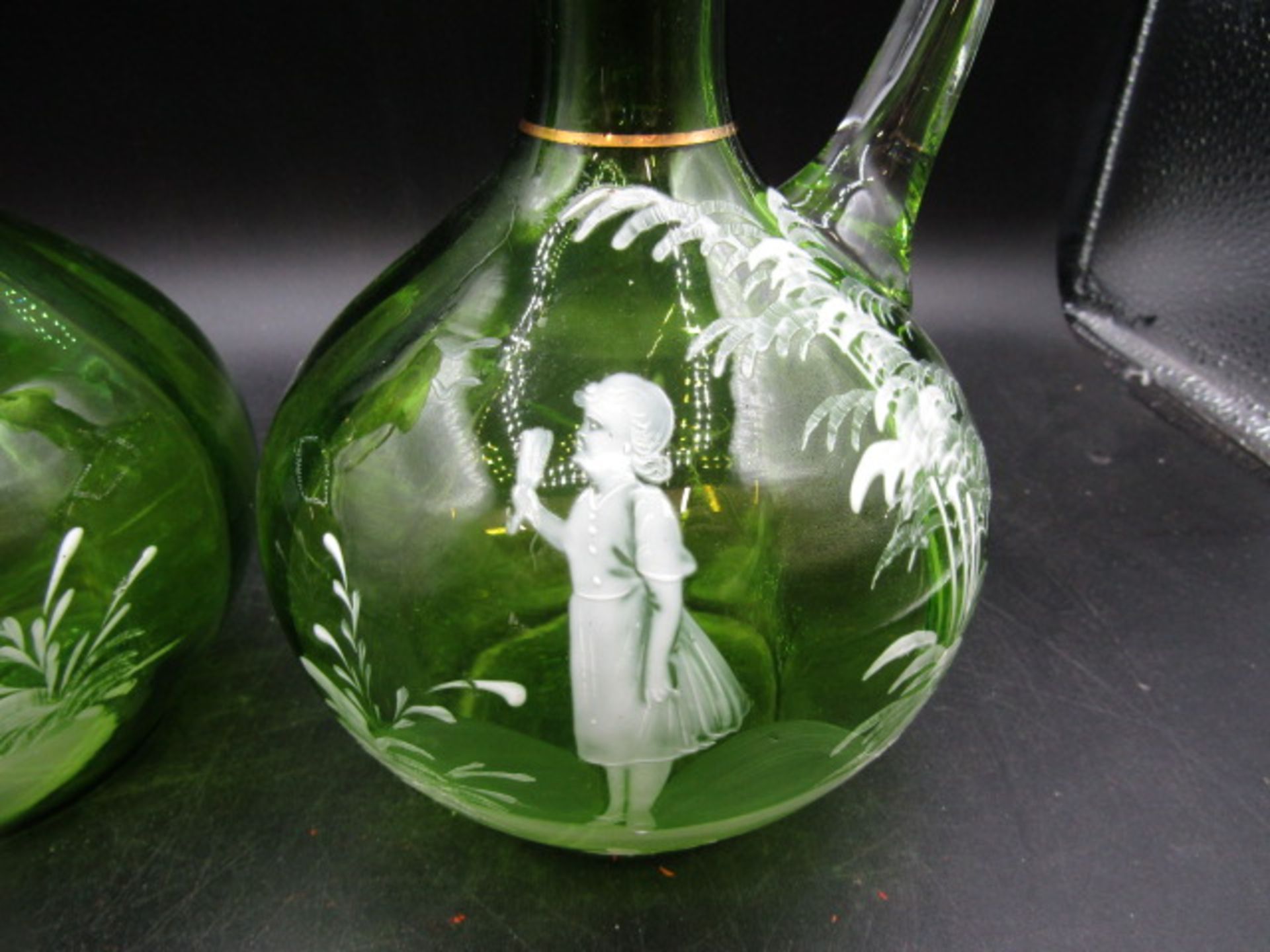 Pair green Mary Gregory decanters 20cmH one has hairline crack as pictured - Image 3 of 5