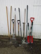 Garden tools to include forks and hoes etc