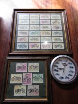 Framed BSA cigarette cards and a wall clock