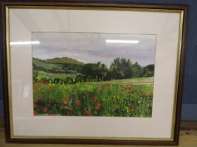 John Banks watercolour of a Wiltshire poppy meadow 49x39cm