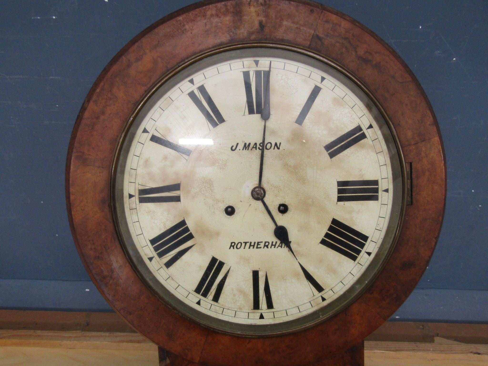 1860's J. Mason, Rotherham twin fusee drop dial striking wall clock in walnut case (needs some - Image 2 of 7