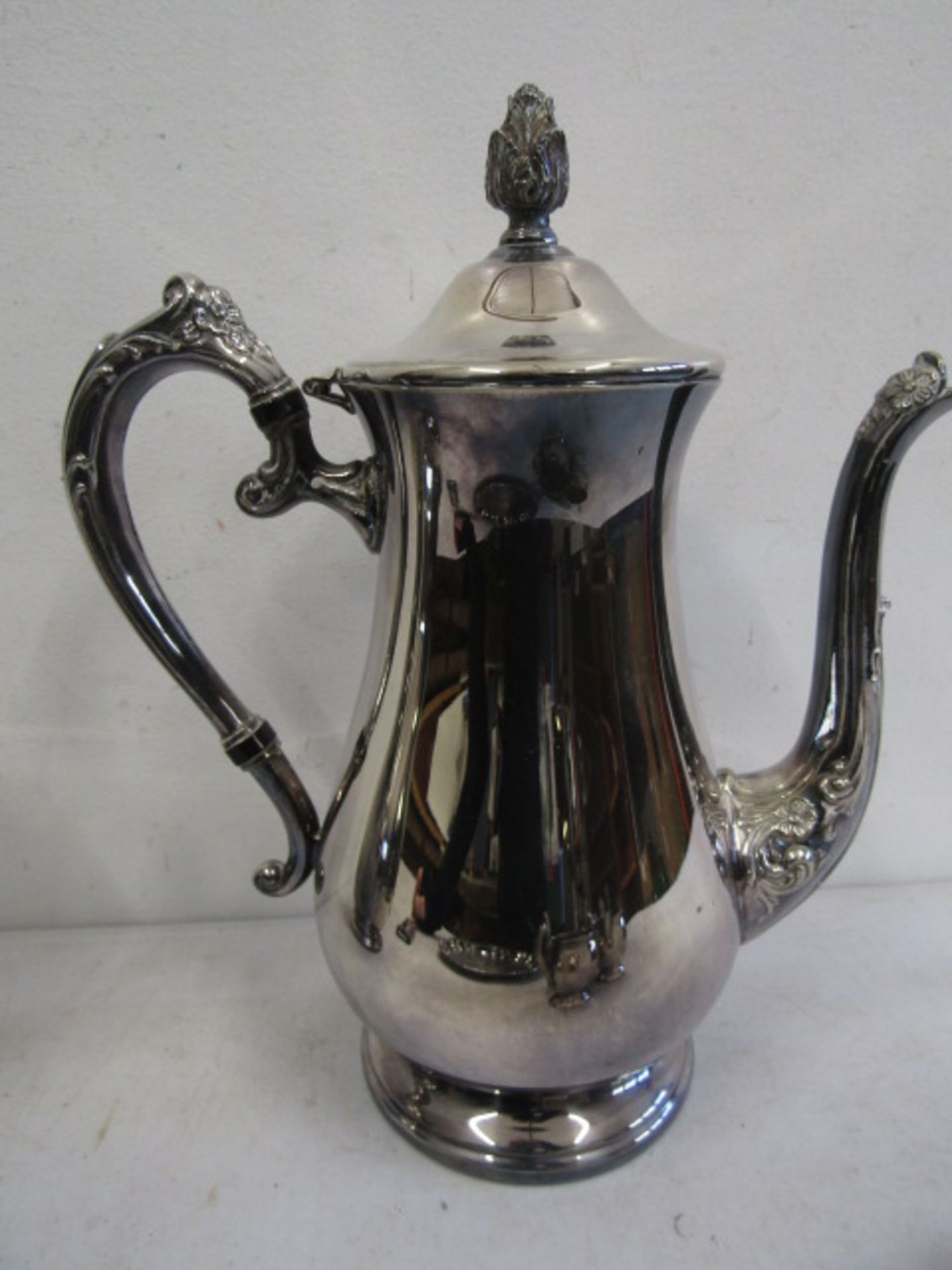 A silver plate coffee, tea pots, sugar bowl, milk jug, sauce boat, grape scissors on a tray - Image 7 of 8