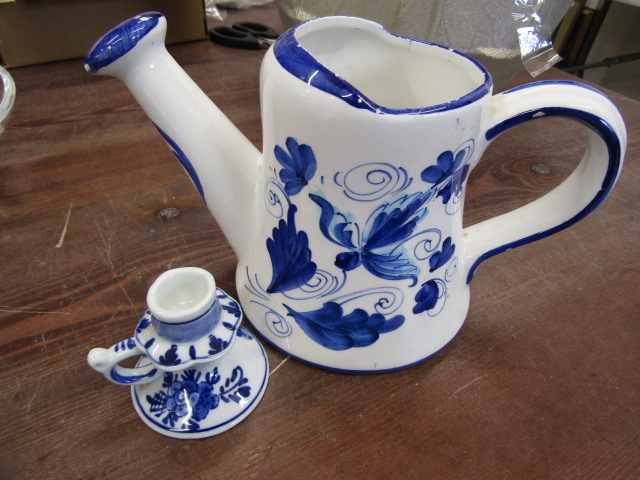 Dartington glass footed bowl, Royal Sanderson teapot, milk jug and sugar bowl, a ceramic watering - Image 10 of 10