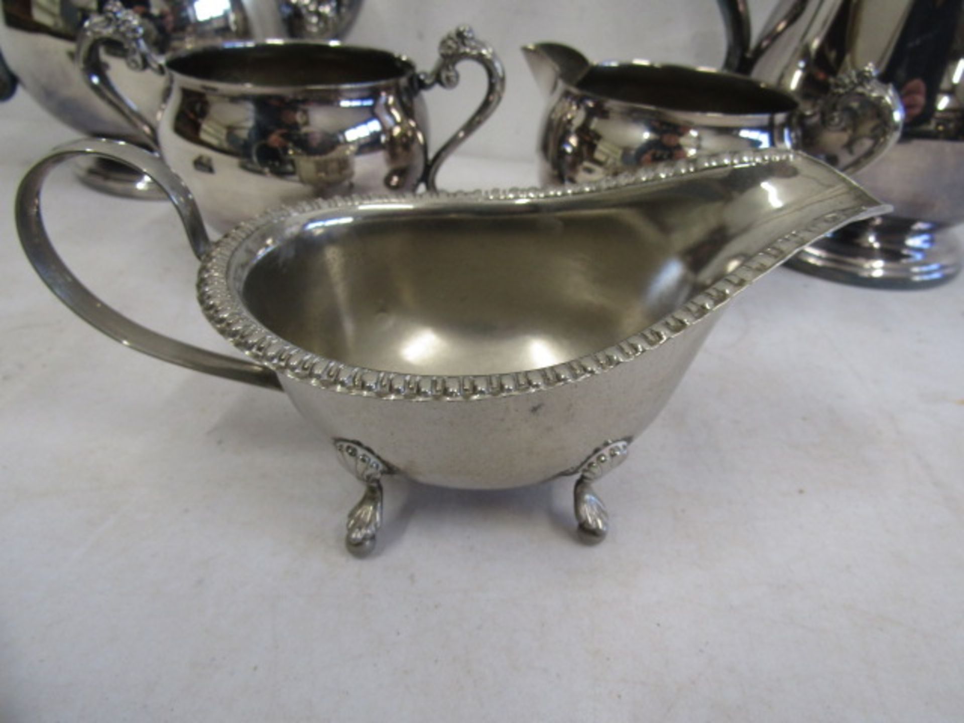 A silver plate coffee, tea pots, sugar bowl, milk jug, sauce boat, grape scissors on a tray - Image 5 of 8
