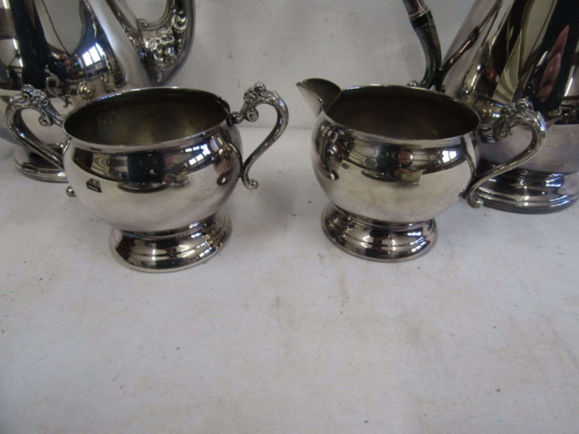 A silver plate coffee, tea pots, sugar bowl, milk jug, sauce boat, grape scissors on a tray - Image 4 of 8