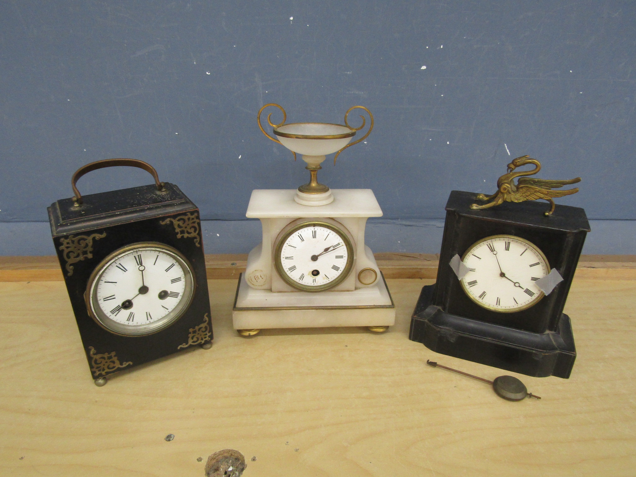 German movement striking mantel clock with ebonised case, French alabaster timepiece and another