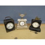 German movement striking mantel clock with ebonised case, French alabaster timepiece and another