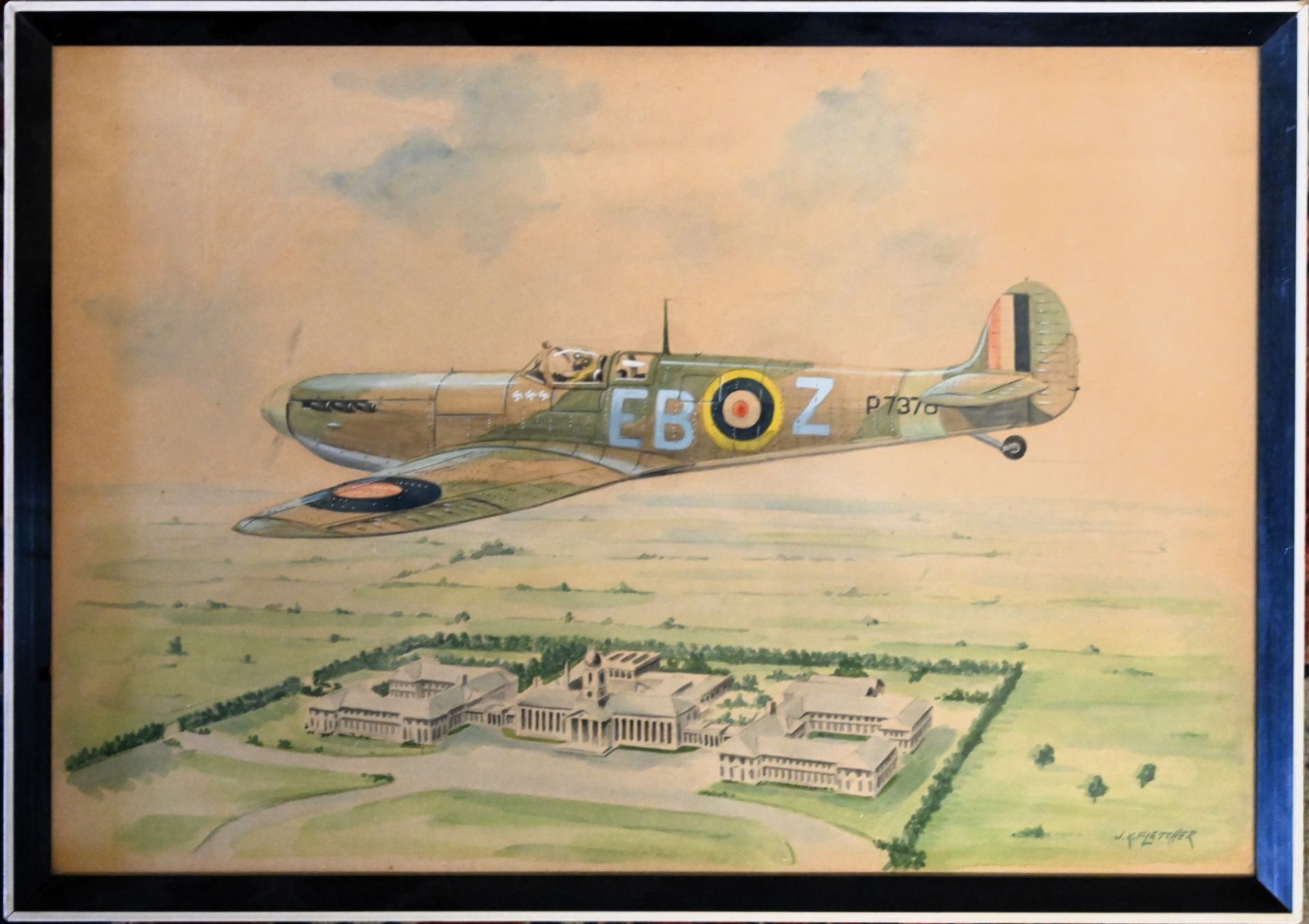 J K Fletcher privately commissioned watercolour of the iconic Supermarine Spitfire flying over RAF - Image 2 of 3