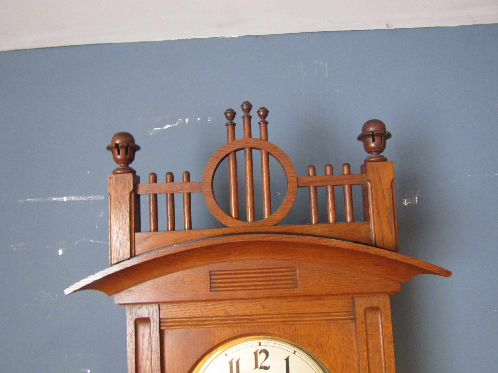 Early 20th Century Hamburg  American Clock Company longcase clock with weights and pendulum in oak - Image 10 of 11