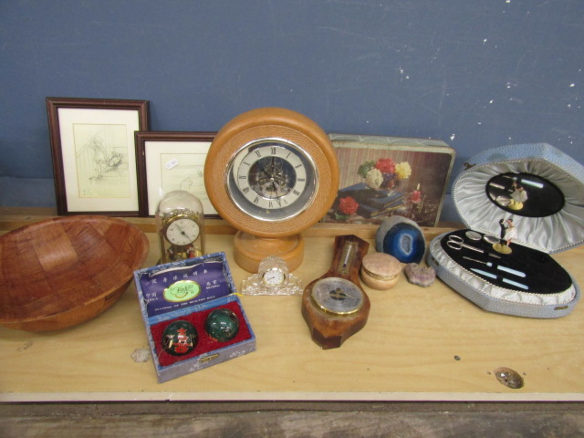 Collectors lot to inc clocks, barometer, tins & buttons, Chinese healing balls etc etc