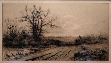 Landscape etching of a shepherd herding a flock of sheep through a gate with a sheep dog,