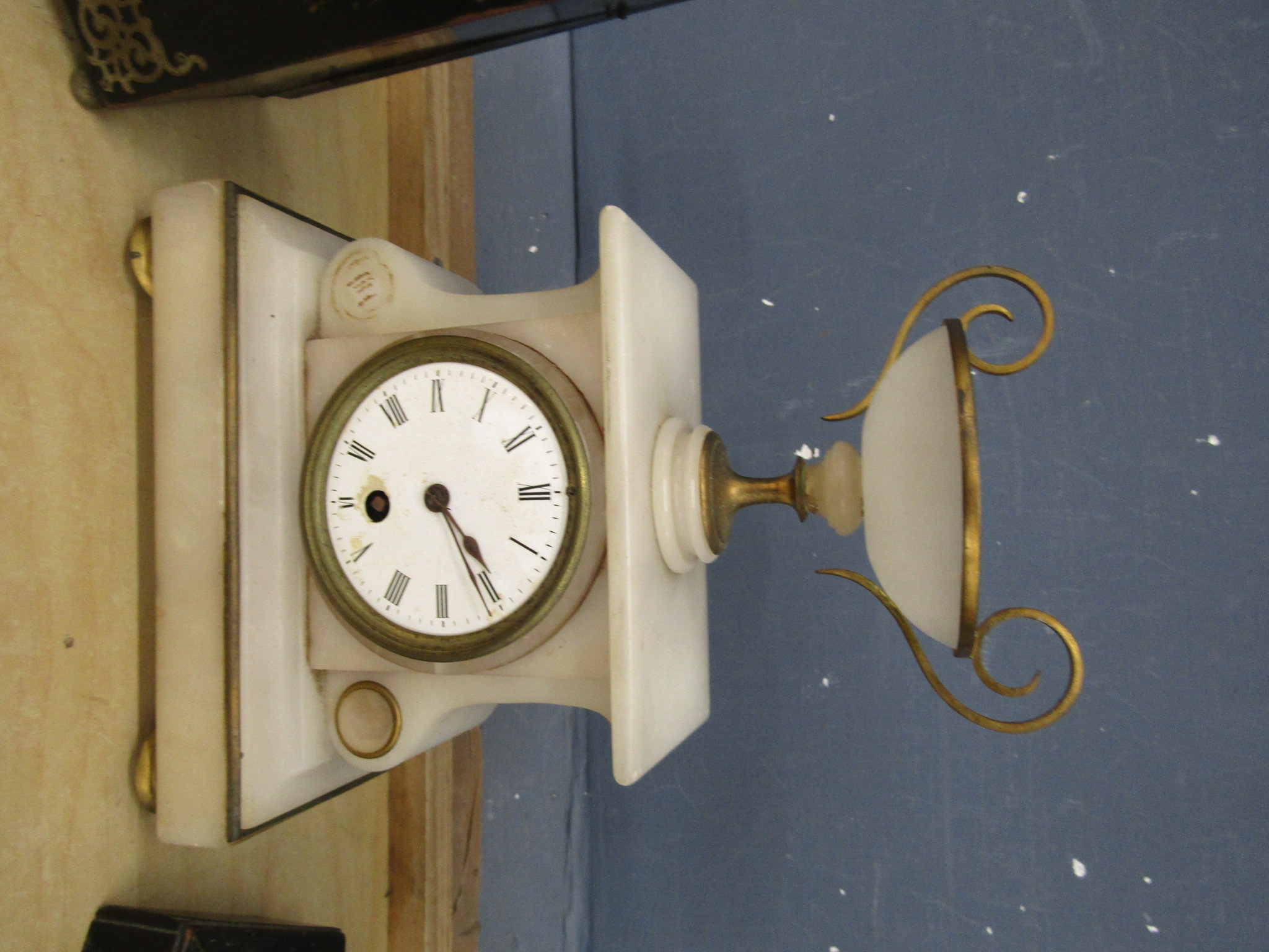 German movement striking mantel clock with ebonised case, French alabaster timepiece and another - Image 3 of 7