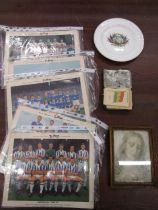 Silk cigarette cards of flags, Typhoo football club cards, Wembley souvenir plate and a pencil drawn