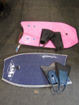 2 body boards and 2 pairs flippers