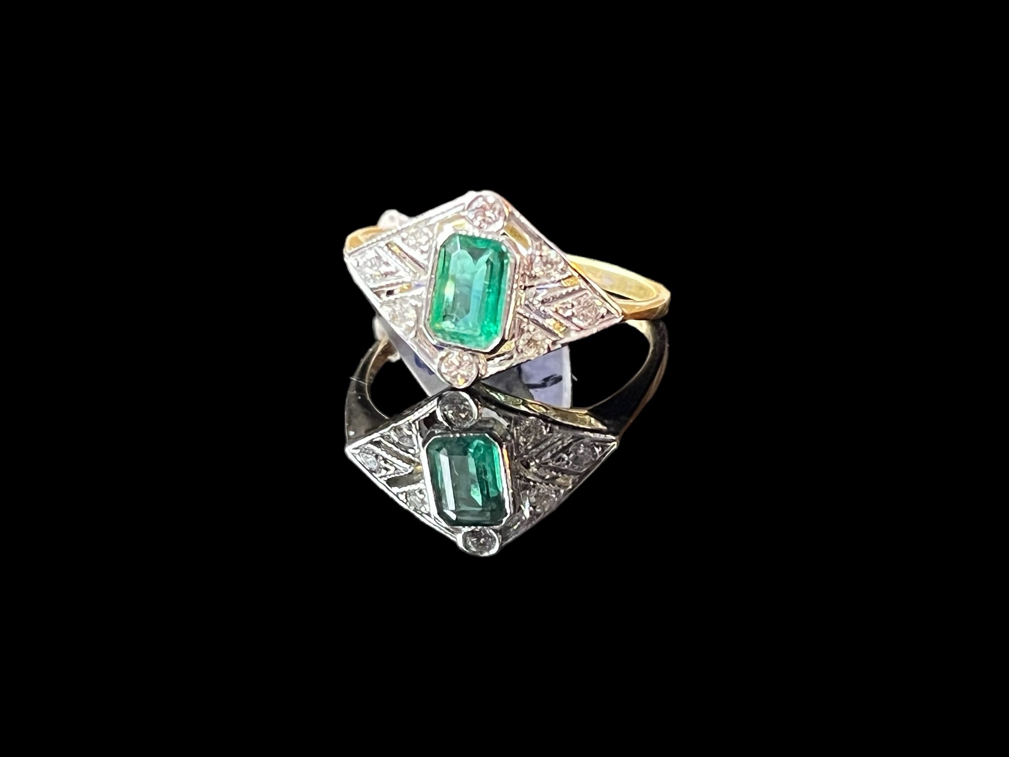 18ct gold art deco style Emerald cut, Emerald and Diamond ring size O.