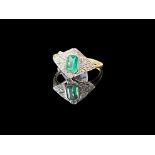 18ct gold art deco style Emerald cut, Emerald and Diamond ring size O.