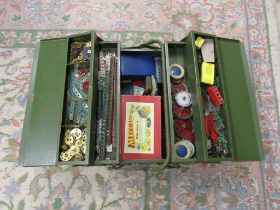 Toolbox containing vintage Meccano and a box of Scalextric