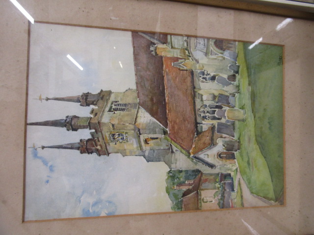 Watercolours, print and pastel paintings of churches - Image 2 of 9