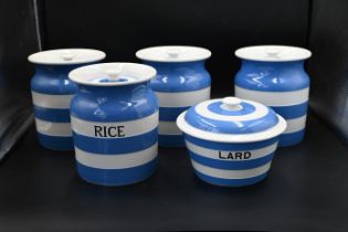 5x T G Green Cornish Ware blue and white vintage ceramic storage jars with lids to include 4 x 2.5pt