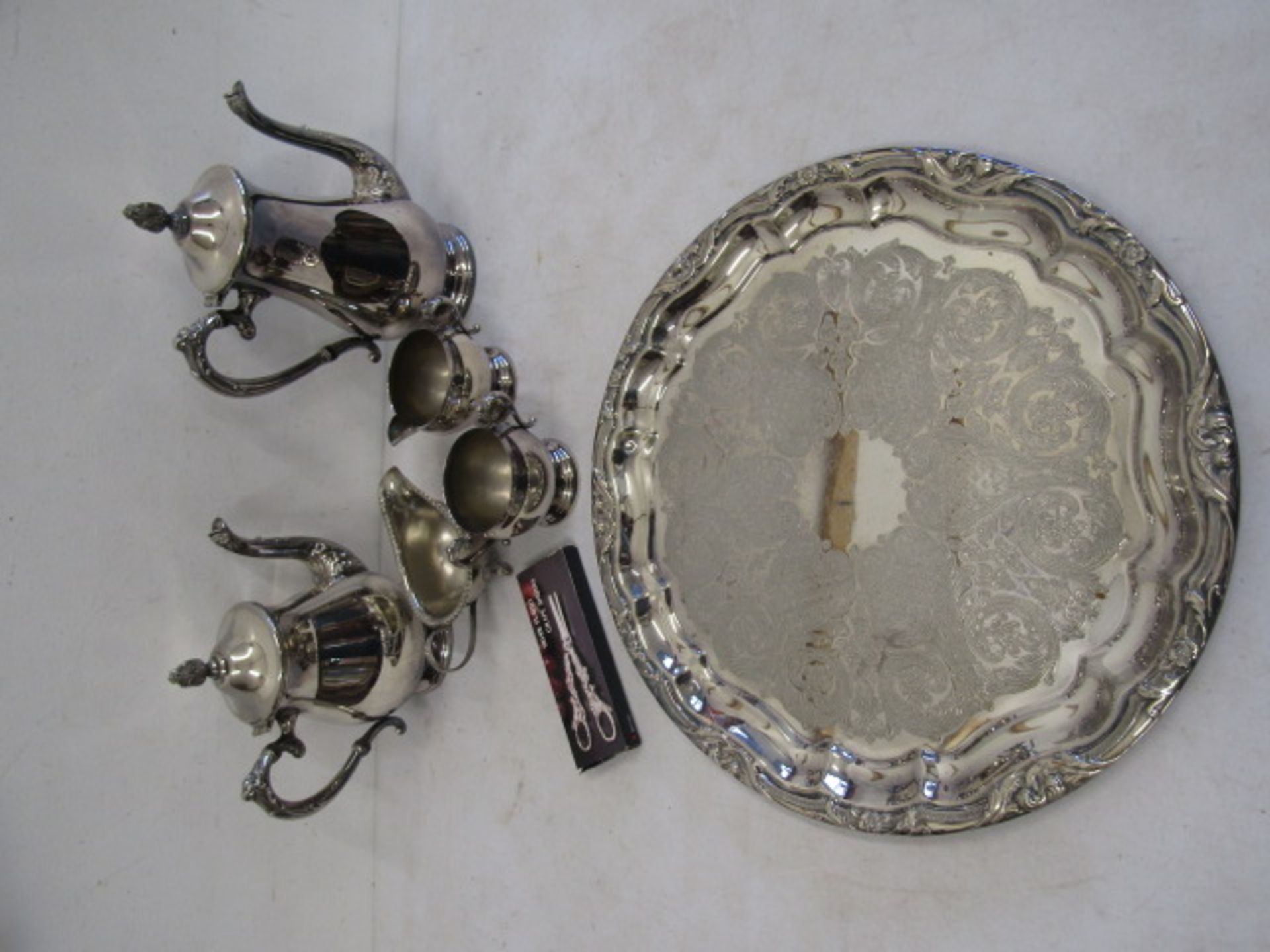 A silver plate coffee, tea pots, sugar bowl, milk jug, sauce boat, grape scissors on a tray - Image 2 of 8