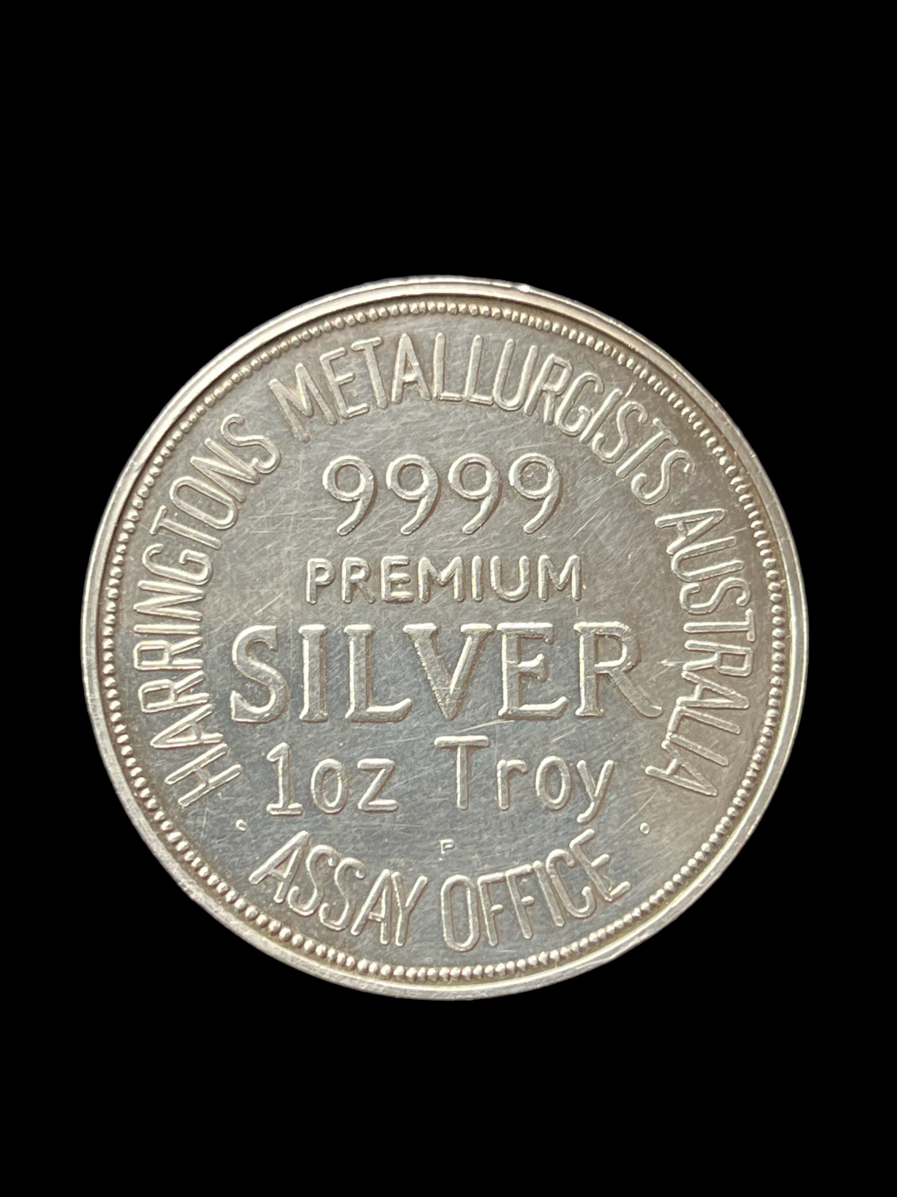 A rare Harringtons Metallurgists Australia Assay Office 9999 premium silver 1oz Troy, it is