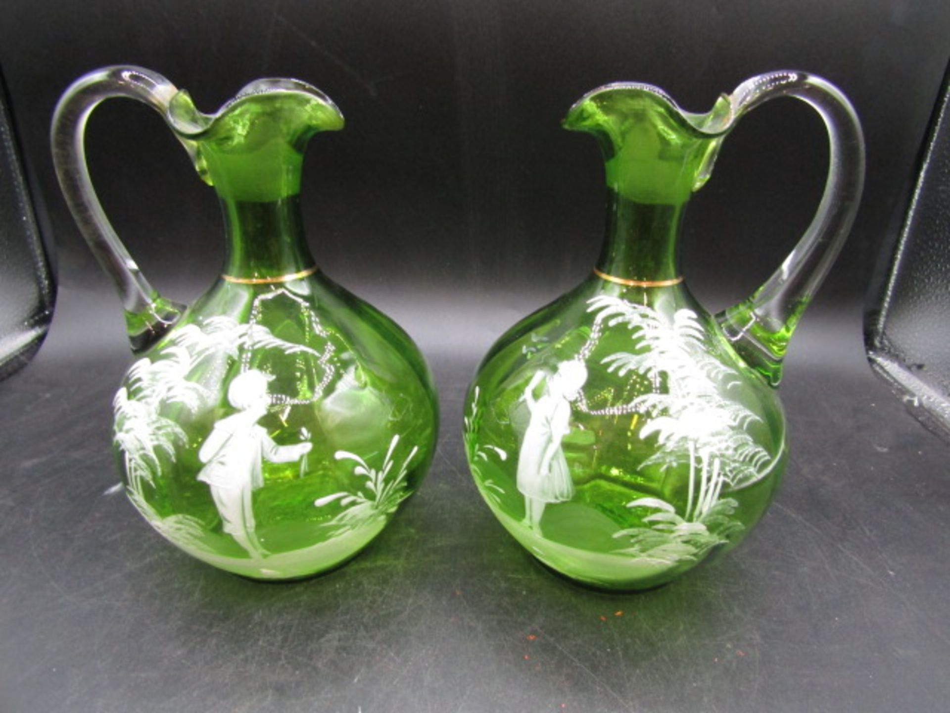 Pair green Mary Gregory decanters 20cmH one has hairline crack as pictured - Image 2 of 5