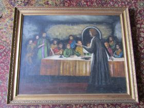 Oil on canvas depicting The Last Supper in gilt frame, signed bottom right 84cm x 104cm approx