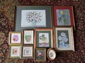 Framed floral paintings, prints and tapestries