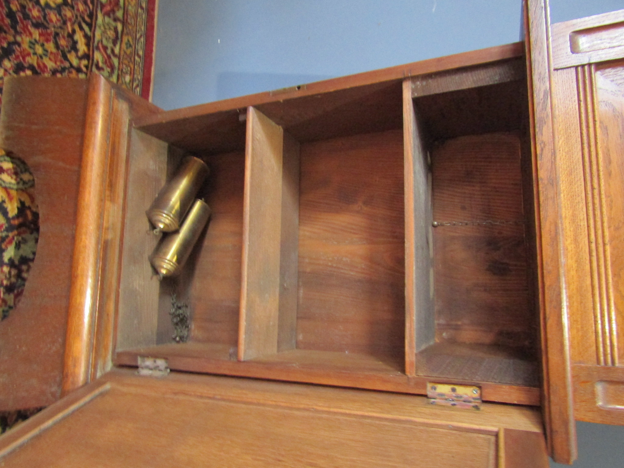 Early 20th Century Hamburg  American Clock Company longcase clock with weights and pendulum in oak - Image 9 of 11