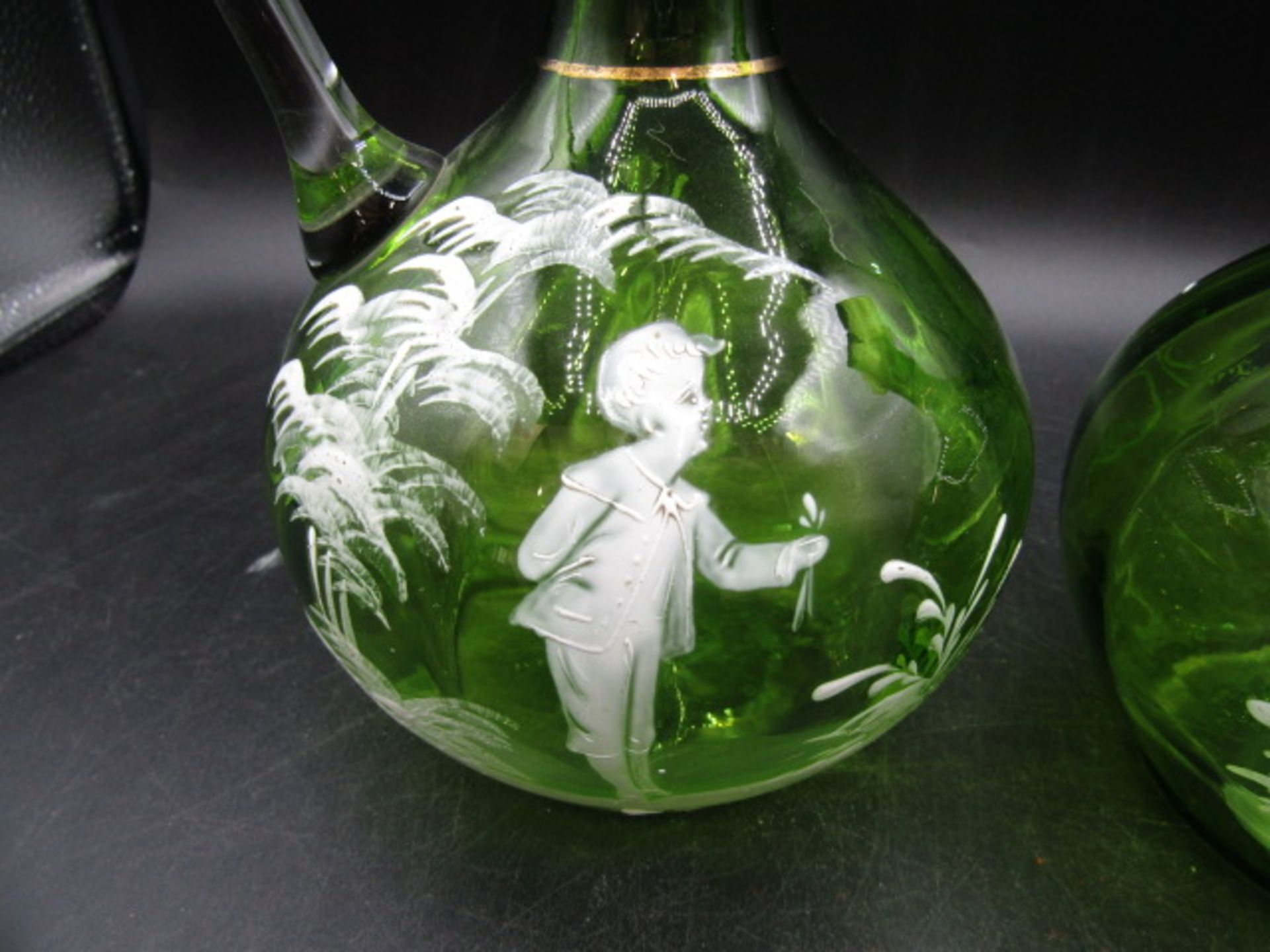 Pair green Mary Gregory decanters 20cmH one has hairline crack as pictured - Image 4 of 5