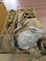 Stone rabbit ornament, Harness, fire irons and box of curtain rings