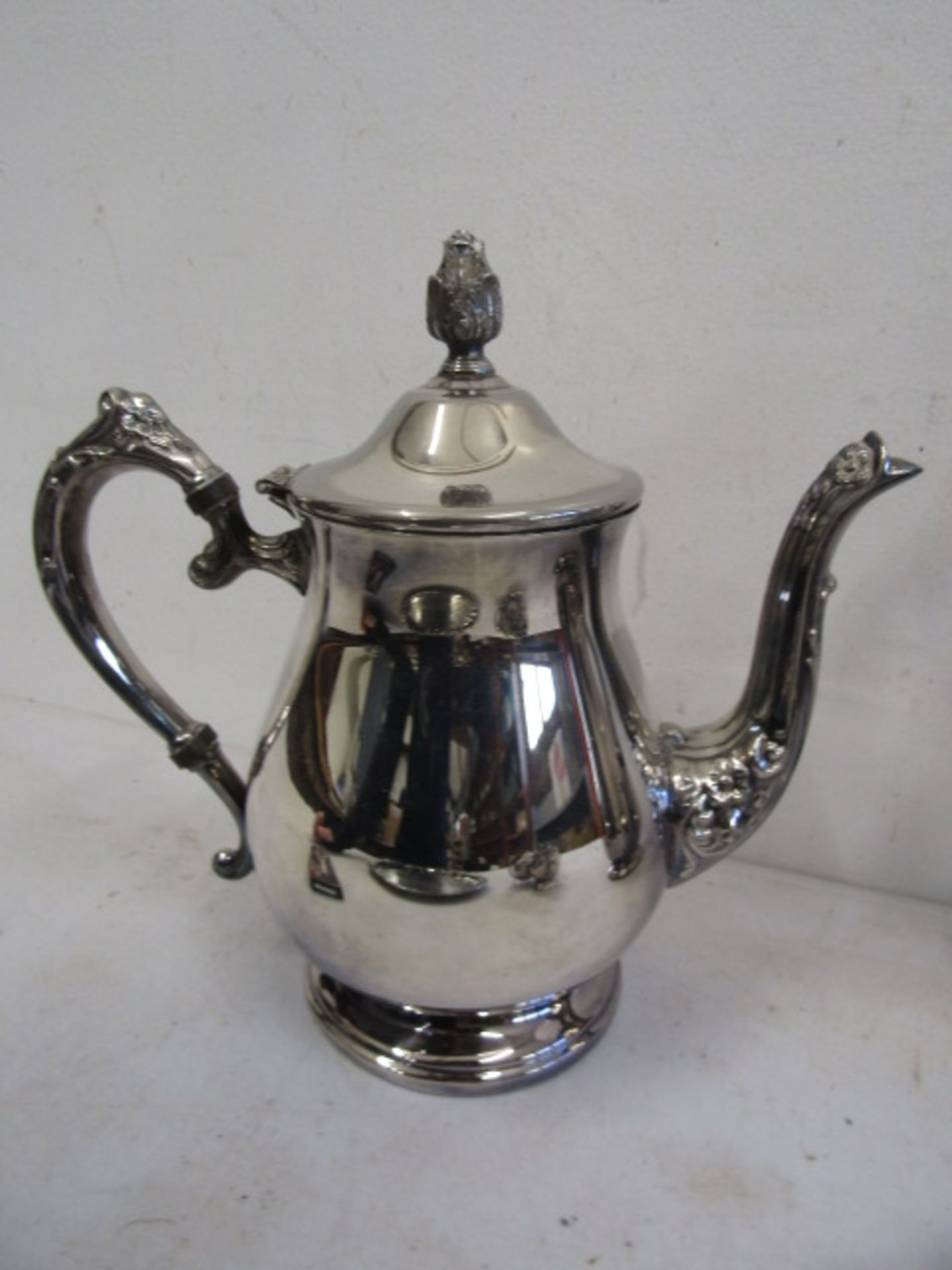 A silver plate coffee, tea pots, sugar bowl, milk jug, sauce boat, grape scissors on a tray - Image 6 of 8