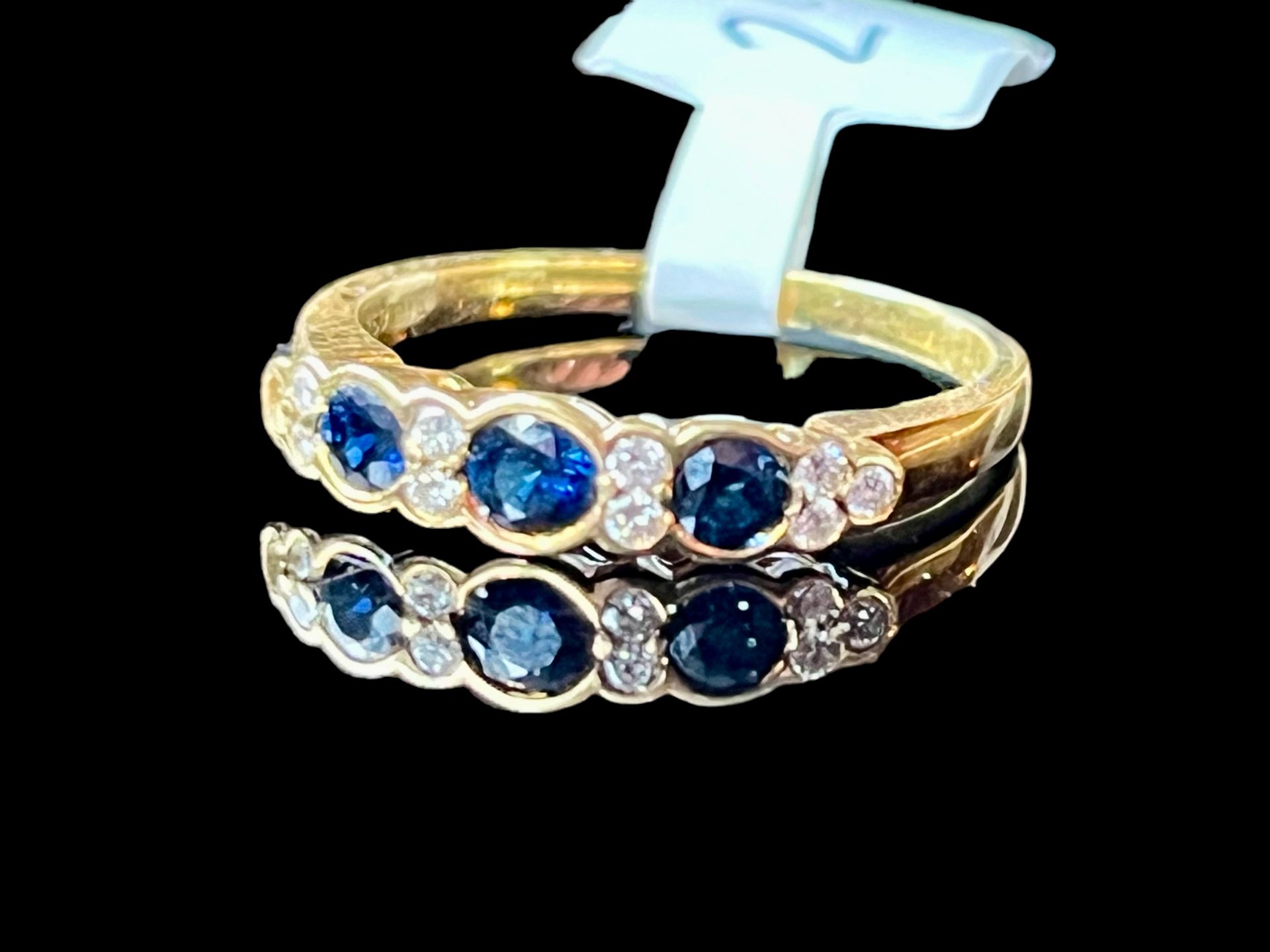 18ct gold diamond and sapphire half eternity ring, size P, total weight 3.15g - has a very small