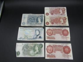 English banknotes- 4 x 10/- brown, 1 x £1 green, 2 x £5 blue