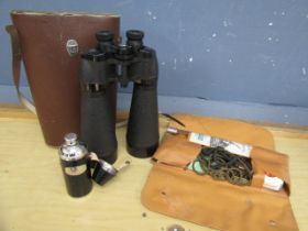 Long binoculars, hip flask set with cups and a gun cleaning kit