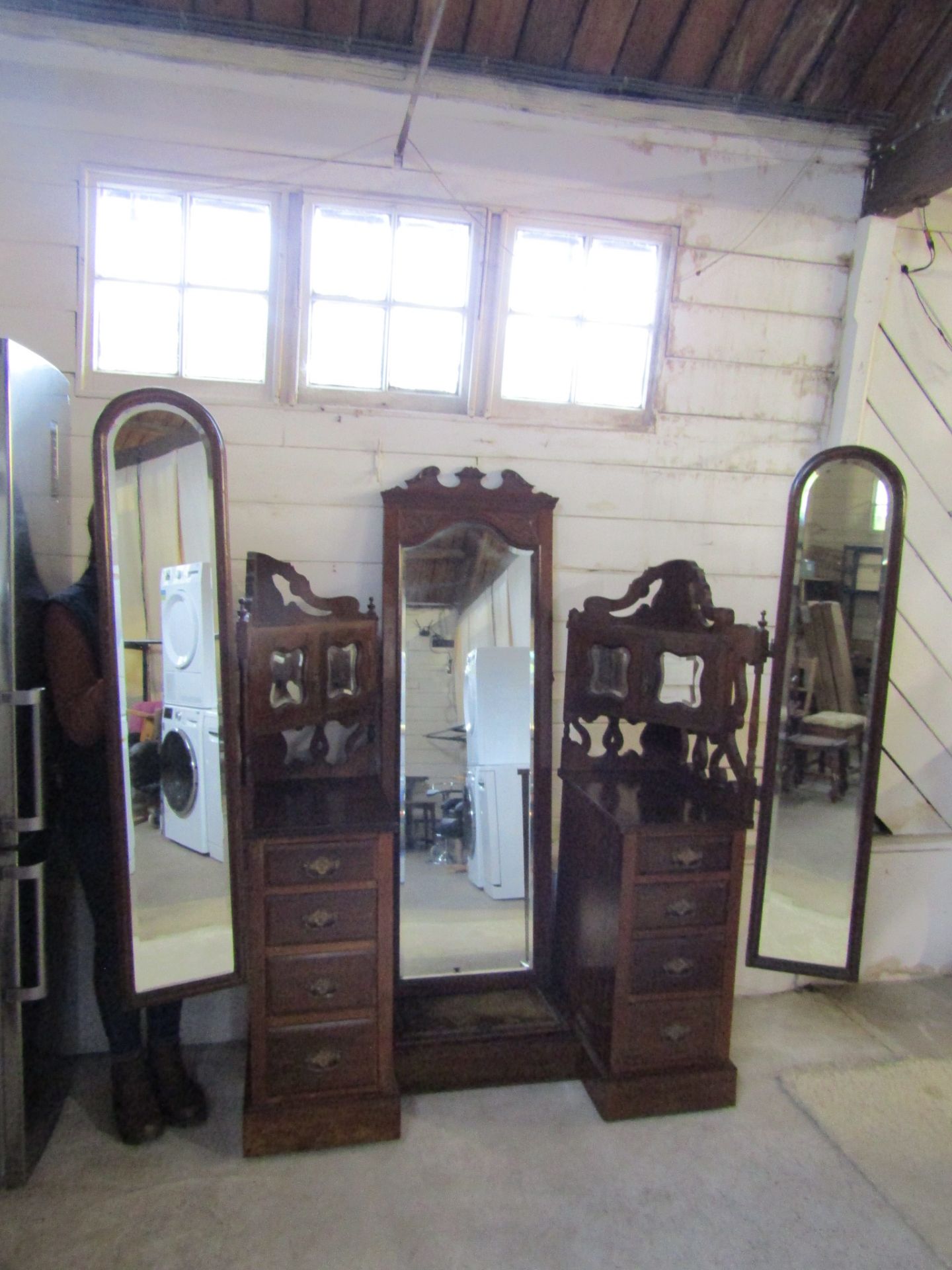 Antique mahogany 'Spook Spieelkas' dressing table with central bevelled cheval mirror H190cm